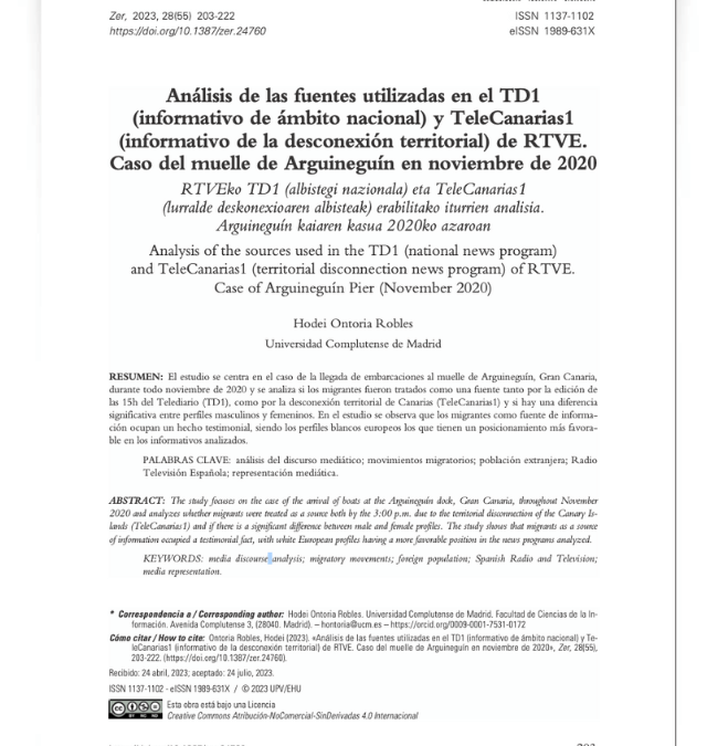 Análisis de las fuentes utilizadas en el TD1 (informativo de ámbito nacional) y TeleCanarias1 (informativo de la desconexión territorial) de RTVE. Caso del muelle de Arguineguín en noviembre de 2020
