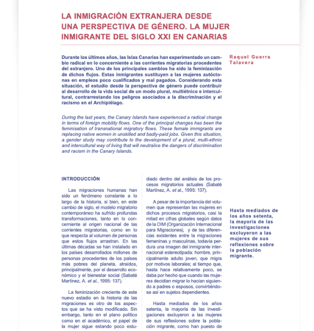 La inmigración extranjera desde una perspectiva de género. La mujer inmigrante del siglo XXI en Canarias