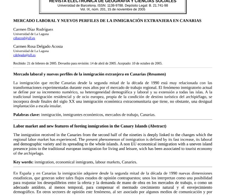 Mercado laboral y nuevos perfiles de la inmigración extranjera en Canarias
