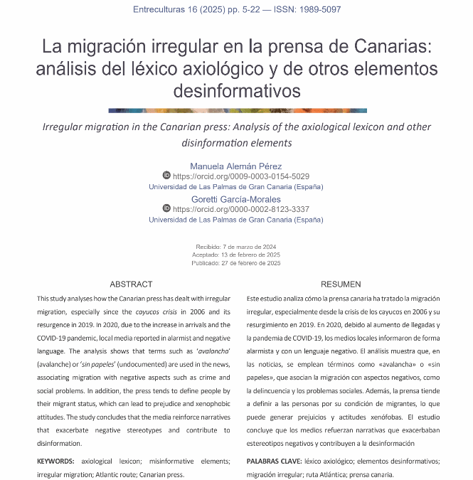 La migración irregular en la prensa de Canarias, análisis del léxico axiológico y de otros elementos desinformativos